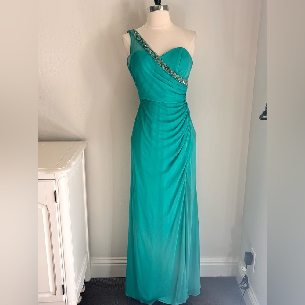 Blondie Nights Teal One-Shoulder Ruched Gown Beaded Accents, Sz 1